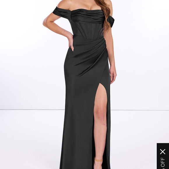 Azazie Kendall + Kylie English rose sheath off the shoulder stretch satin dress - Picture 7 of 9